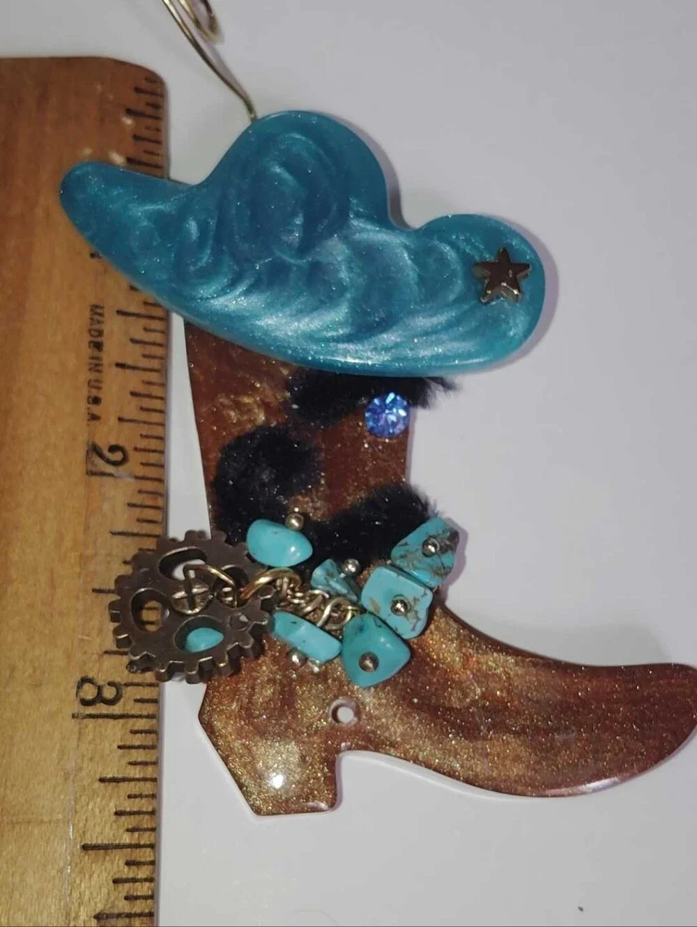 New Brown & Turquoise Resin Cowboy Boot Black Mustache Eyebrow Sparkle Blue Eye